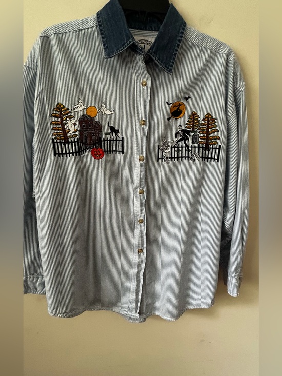 Solutions Tops - Vintage 90s Solutions Embroidered Halloween Blue Denim Striped LS Shirt Sz Large